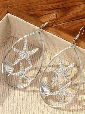 Silver Starfish Teardrop Dangle Earrings